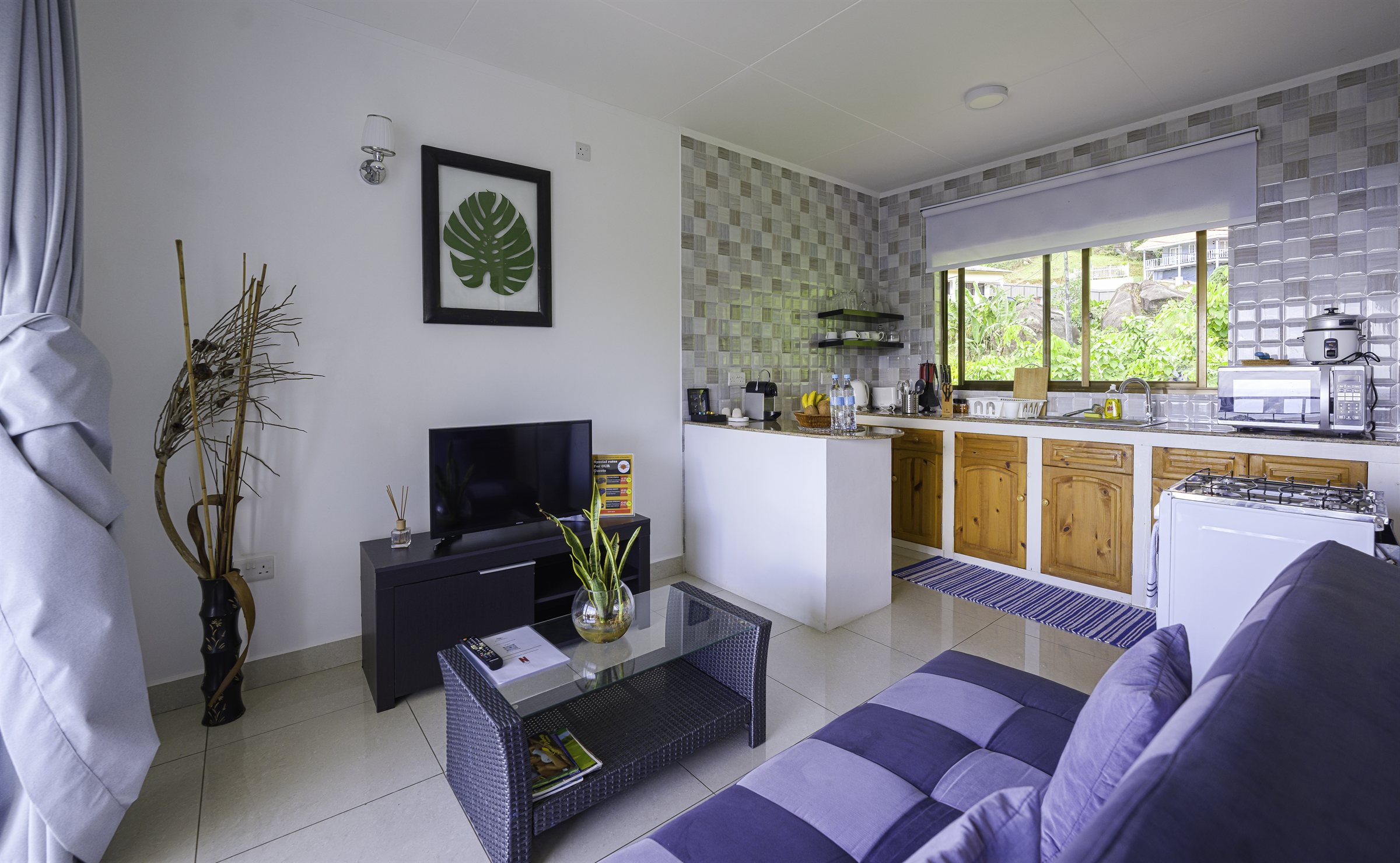 Open-plan living and kitchen, wide angle